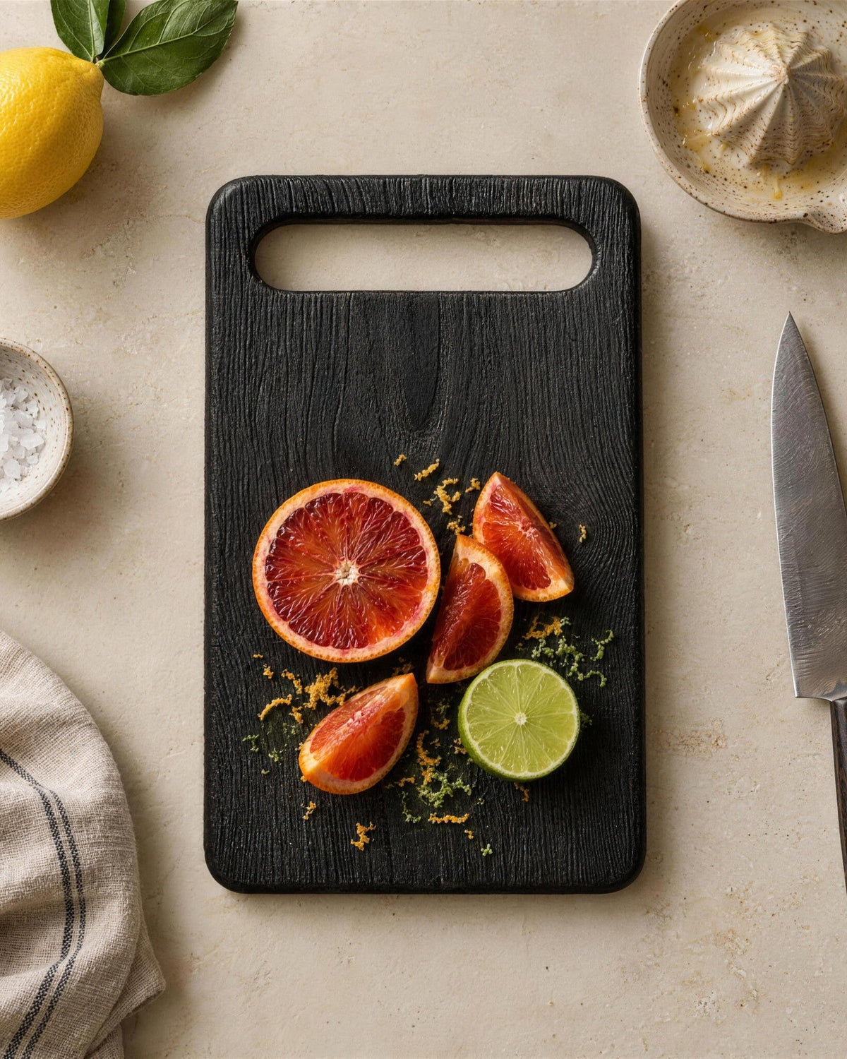Dougu Prep board with sliced blood orange and lime, top view