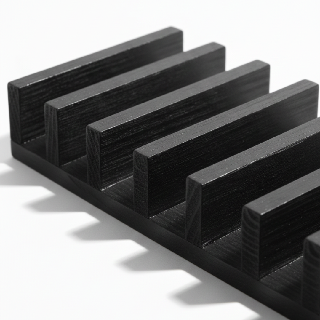 ARTSN black charred wooden rack with horizontal fins on a white background